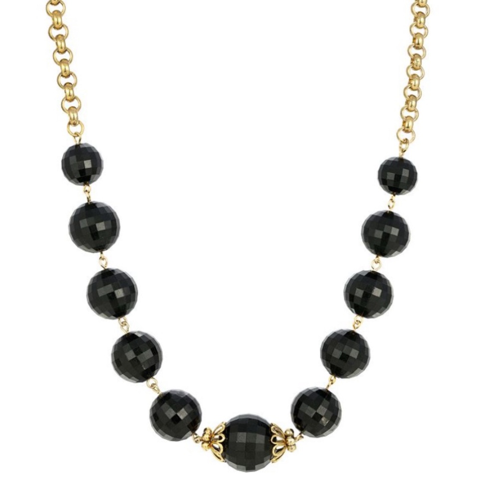1928 Gold Tone Black Beaded Necklace, Women's.